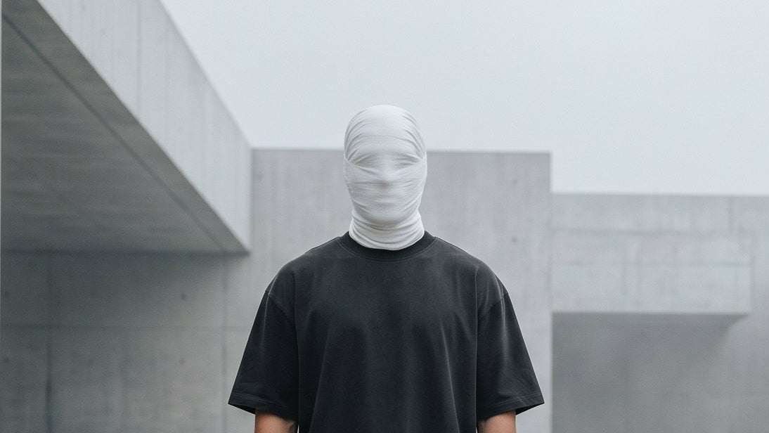 Person wearing a black t-shirt and jeans standing in a minimalist architectural setting.